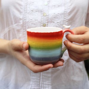 Rainbow Coffee Mug, Large Stoneware Pottery Clay Tea Cup Set, LGBTQ Pride Gift, Rainbow Color Flag image 3