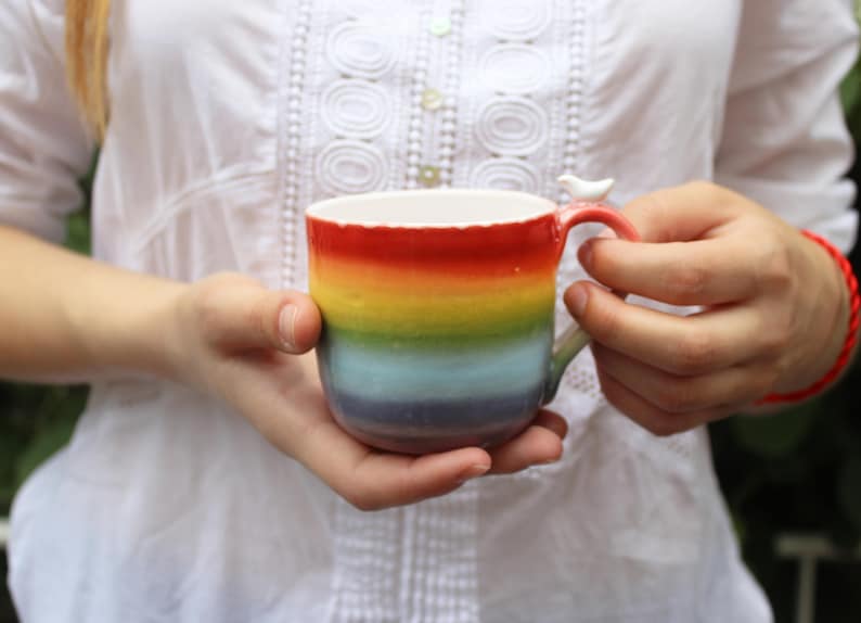 Rainbow Coffee Mug, Large Stoneware Pottery Clay Tea Cup Set, LGBTQ Pride Gift, Rainbow Color Flag image 3