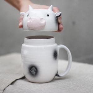 Cow Pottery Mug with Lid, Large White and Black Lidded Container, Coffee Tea Cup, Animal Storage Cookie Jar with Handle, Symbol 2021