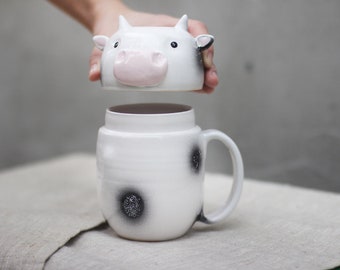 Cow Pottery Mug with Lid, Large White and Black Lidded Container, Coffee Tea Cup, Animal Storage Cookie Jar with Handle, Symbol 2021