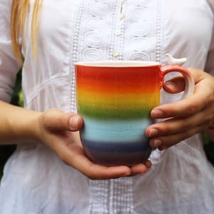 Rainbow Coffee Mug, Large Stoneware Pottery Clay Tea Cup Set, LGBTQ Pride Gift, Rainbow Color Flag image 2