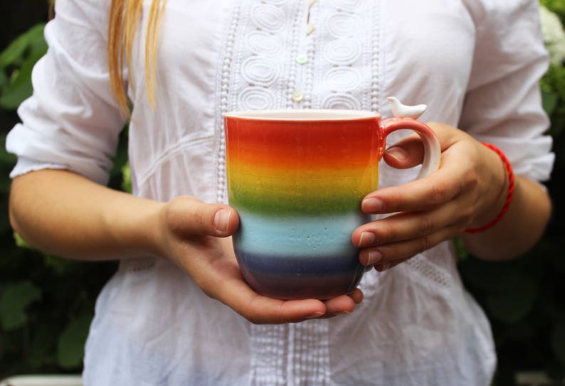 Rainbow Coffee Mug, Large Stoneware Pottery Clay Tea Cup Set, LGBTQ Pride Gift, Rainbow Color Flag image 2