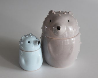 Hedgehog Pottery Jar With Lid, Tea Coffee Sugar Canister,  Blue and Gray Hedgehogs Figurine, Kitchen Storage Bowl, Housewarming Gift for him