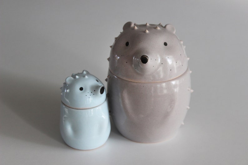 Hedgehog Pottery Jar With Lid, Tea Coffee Sugar Canister,  Blue and Gray Hedgehogs Figurine, Kitchen Storage Bowl, Housewarming Gift for him 