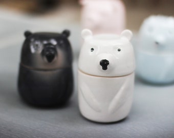 Bear Sugar Jar with Lid, White Polar and Black Teddy Bear, Brown Bear Canister Storage, Ceramics Pottery Handmade Jar, Housewarming Gift