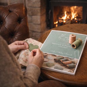 Op de afbeelding: Een persoon naait een groene hartvormige patch op bloemenstof. Een boek getiteld "Appliqué & Decora Finishes" en spoelen garen liggen op een houten tafel. De scène speelt zich af bij een open haard met een warme gloed.