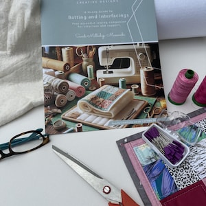 May include: A still life image of sewing supplies, including a guide titled "Batting and Interfacings" by Family Comforts. The image shows scissors, thread spools, a sewing machine, and a partially sewn quilt, ideal for quilters.