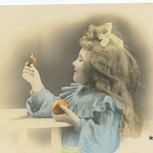 1900s Beautiful Little Girl Peeling an Orange Antique Real Postcard - Vintage Victorian French Queen Hand Tinted Fashion Glamour