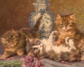 Original 1910s Beautiful Kittens Antique Artist Illustrated Postcard - Embossed Vintage Cat Victorian Edwardian