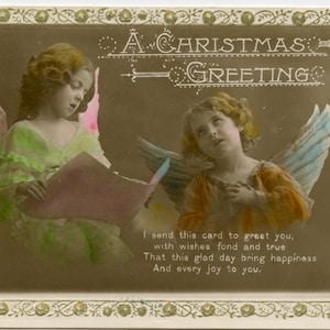 1923 Lindos anjinhos pintados à mão com foto real cartão postal - Antigo RPPC Vintage Vitoriano Edwardian Querubim Fada Natal