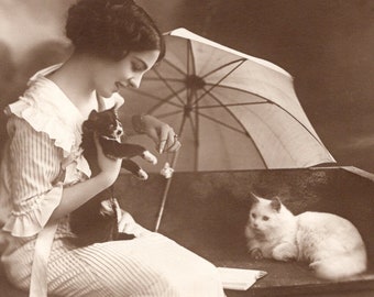 Original 1910s Woman with Kitten & White Cat Antique Real Photo Postcard - Vintage Hand Tinted Victorian Edwardian RPPC Kitten
