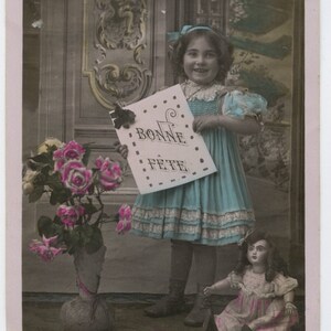 1900s French Little Girl & China Doll Antique Real Photo Postcard - Hand Tinted Vintage Children Victorian Edwardian RPPC Toy Fashion