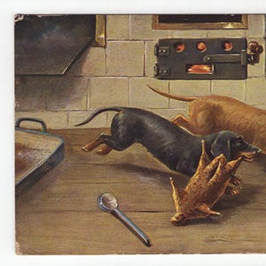 Original 1900s Naughty Dachshunds in the Kitchen Artist Signed Illustrated Postcard - Antique Vintage Edwardian Dog