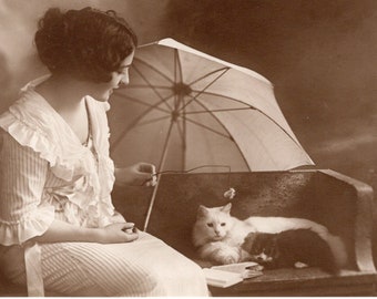 Original 1910s Woman with Kitten & White Cat Antique Real Photo Postcard - Vintage Hand Tinted Victorian Edwardian RPPC Kitten