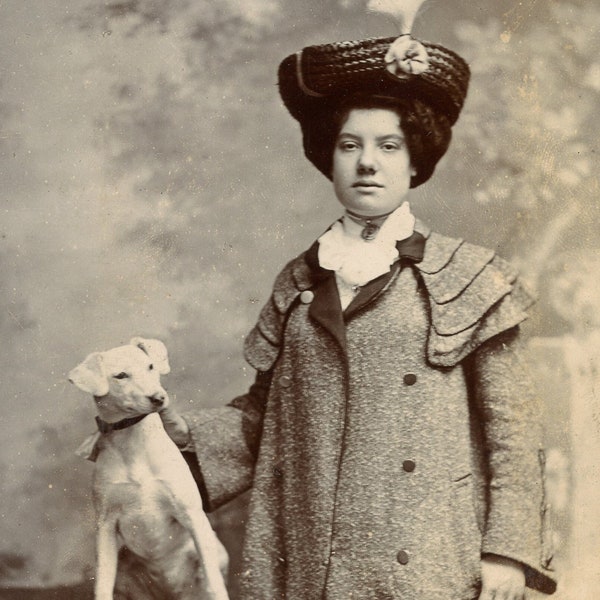 1890s Woman White Jack Russell Dog Cabinet Card Photo -  Antique Vintage Victorian Edwardian London Fashion Terrier