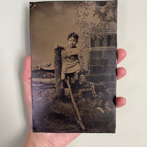 Original 1860s XL Tintype Dog & Little Girl Photograph -  Antique Vintage Victorian Edwardian USA Cabinet Card Photo Tin Type Terrier