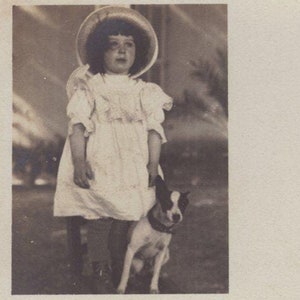 Original 1910s Little Girl & Jack Russell Terrier Puppy Real Photo Postcard - Antique Vintage RPPC Edwardian Victorian Pet Dog