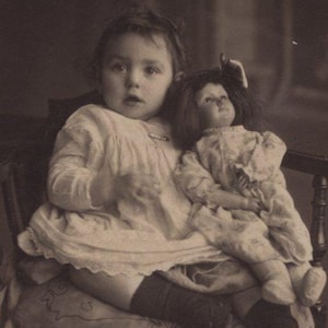 Original 1910s Little Girl & China Doll Real Photo Postcard - Antique Vintage RPPC Toy Children Child Social History