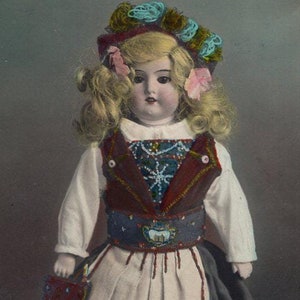Original 1910s "Mollies Dolly" China Doll Real Photo Postcard - Antique Vintage RPPC Toy Children Child Social History Hand Tinted