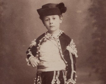 Original 1880s Young Boy in Matador Costume Cabinet Card Photo - Antique Vintage Victorian Edwardian Portrait Bull Fighter Spanish Fighting