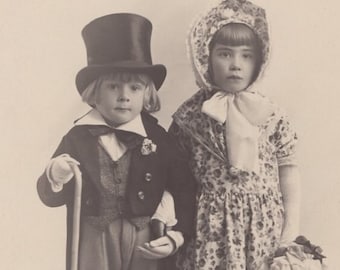 Original 1930s Little Children Dressed Up Real Photo Postcard - Antique Vintage RPPC Boy Girl Child Social History