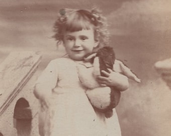 Original 1910s Little Girl & Toy Rabbit Real Photo Postcard - Antique Vintage RPPC Children Child Social History