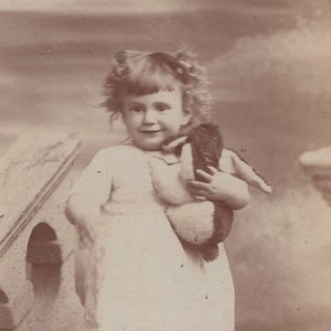 Original 1910s Little Girl & Toy Rabbit Real Photo Postcard - Antique Vintage RPPC Children Child Social History
