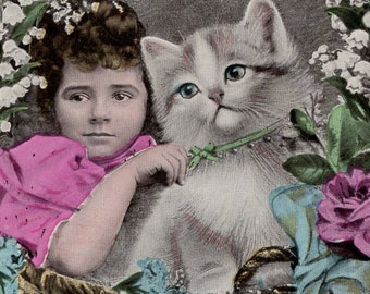 1906年 少女と巨大な子猫 アンティークアーティストイラスト入りポストカード - ヴィンテージ キャット ビクトリア朝 エドワード朝