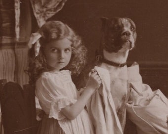 Original 1900s Little Girl Grooming Boxer Dog Real Photo Postcard - Antique Vintage Edwardian Victorian Pet Dog Pitbull RPPC