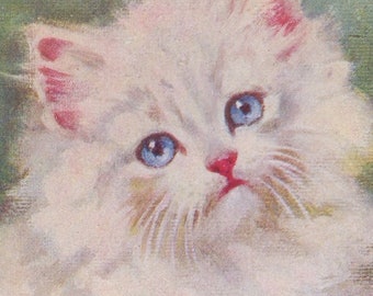 Original 1920s Beautiful White Persian Kitten Antique Artist Signed Illustrated Postcard - Vintage Cat Victorian Edwardian