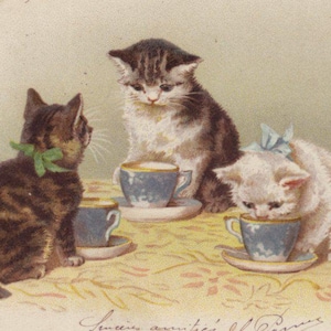 Original 1900s Anthropomorphic Cats Drinking Tea Artist Helena Maguire Postcard - Vintage Kitten Victorian Edwardian Litho Chromo Chat Katze