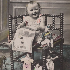 1910s Happy Baby & China Dolls Antique Real Photo Postcard - Hand Tinted Vintage Children Victorian Edwardian RPPC Toy Fashion