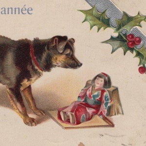 Terrier originale del 1900 con bambola giapponese dell'artista Helena Maguire - Cartolina d'epoca, cane di Natale litografico vittoriano edwardiano