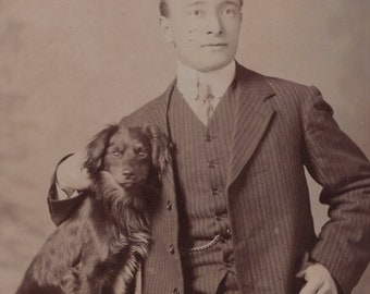 Original 1900s Man & Little Collie Puppy Real Photo Postcard - Antique Vintage RPPC Edwardian Victorian Pet Dog