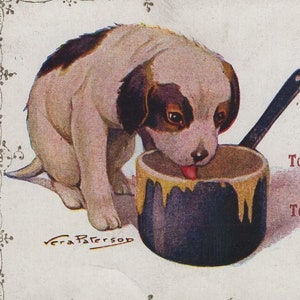 Postal ilustrada firmada por el artista: cachorro Jack Russell original de la década de 1910 con cacerola. Cómic victoriano eduardiano de un perro terrier antiguo
