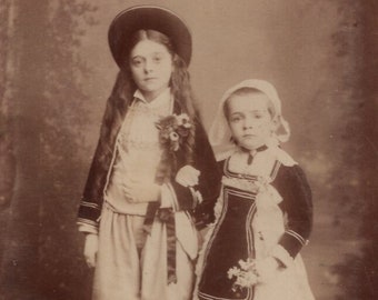 Original 1880s Little Girls in Traditional Costume Cabinet Card Photo - Antique Vintage Victorian Edwardian Portrait Children