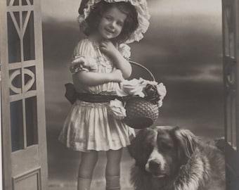 Original 1910s St Bernard & Pretty Little Girl Antique Photo Postcard - Vintage Victorian Edwardian RPPC Dog