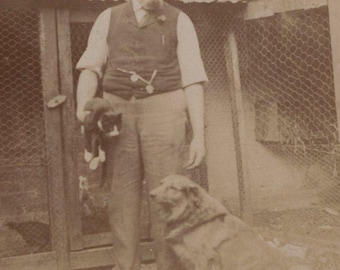 Original 1910s Man with Cat & Rough Collie in the Garden Antique Edwardian Real Photo Postcard RPPC