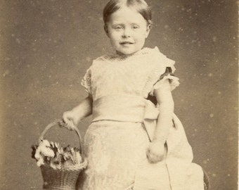 1880s Portrait of a Little Girl with Flower Basket CDV Photo - Carte de Visite Antique Vintage Victorian Edwardian Cheltenham England