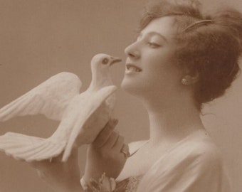 Original 1910s Woman & Dove Real Photo Postcard - Antique RPPC Vintage Victorian Edwardian Bird