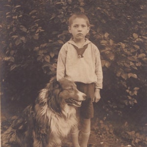 Original 1900s Little Boy & Rough Collie Puppy Real Photo Postcard Antique Vintage RPPC Edwardian Victorian Pet Dog image 1