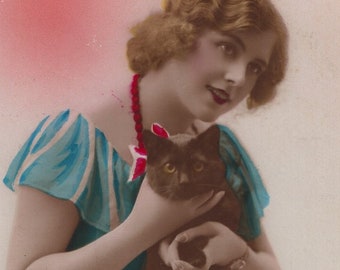 Original 1910s Beautiful Woman & Cat Antique Real Photo Postcard - Vintage Victorian Edwardian RPPC Kitten Hand Tinted