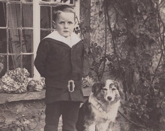 Original 1900s Little Boy & Rough Collie Puppy Real Photo Postcard - Antique Vintage RPPC Edwardian Victorian Pet Dog