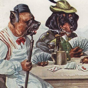Naipes originales de la década de 1910 con perros salchicha, mastín y terrier, postal ilustrada firmada por el artista: perro eduardiano antiguo de época