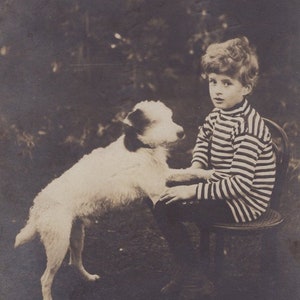 Cartolina fotografica originale degli anni '10 con bambino e terrier - Cane da compagnia vittoriano edoardiano antico RPPC vintage
