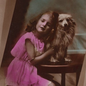 Original 1920s Spitz & Pretty Little Girl Antique Real Photo Postcard - Hand Tinted Vintage Victorian Edwardian RPPC Dog