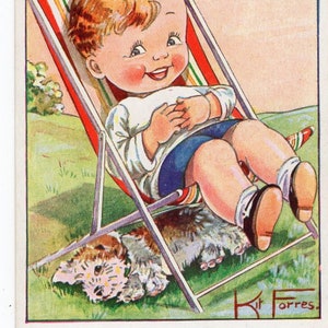 Carte postale originale signée de l'artiste chien comique des années 40 - Terrier antique vintage