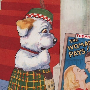 Postal ilustrada firmada por un artista de cómics caninos original de la década de 1930: terrier antiguo vintage