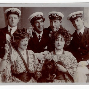 1900s Women Dressed As Geishas & Merchant Navy Sailors Real Photo Postcard - Antique RPPC Vintage Fan Victorian Japanese Kimono Japan