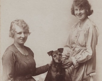 Original 1910s Women & Terrier Real Photo Postcard - Antique Vintage RPPC Edwardian Victorian Pet Dog